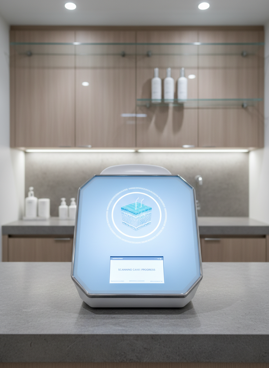 A high-tech diagnostic skin analysis scanner with a translucent, ice-blue panel and digital display, is set against a matte stone background within a clinical, contemporary treatment room. The device is precisely centered, its clean geometric form complemented by the subtle presence of neutral-toned cabinetry and glass shelving in the softly blurred background. Even, cool artificial lighting highlights the scanner’s displays and creates crisp, controlled shadows without harshness. The image is composed for maximum structure and clarity, conveying advanced expertise and reliability in skin diagnostics. The professional, photographic realism is accentuated by the calm and purposeful ambiance, embodying the core values of scientific skincare.
