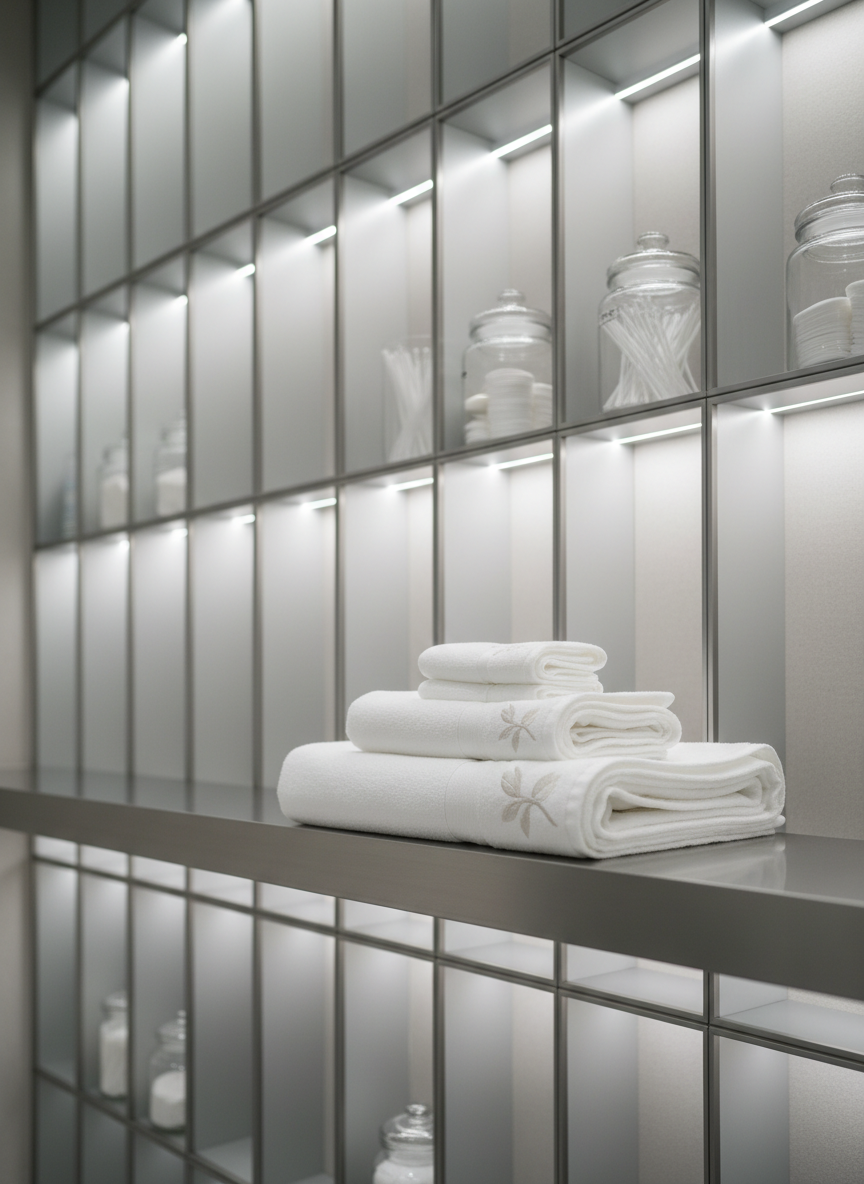 A luxurious stack of immaculately folded, pure white cotton towels with subtle embroidered detailing sits neatly on a brushed metal shelf. The backdrop is a series of structured, pale grey panels and discrete glass jars containing sterile pads and applicators, giving a sense of order and cleanliness. The scene is bathed in soft indirect lighting from strategically placed LEDs, creating a gentle halo effect around the towels while leaving the surroundings in low, neutral tones. Captured at a low angle for added gravitas and precision, the image evokes trust, serenity, and the highest standards of hygiene—perfectly suited for a professional, contemporary aesthetic clinic environment.