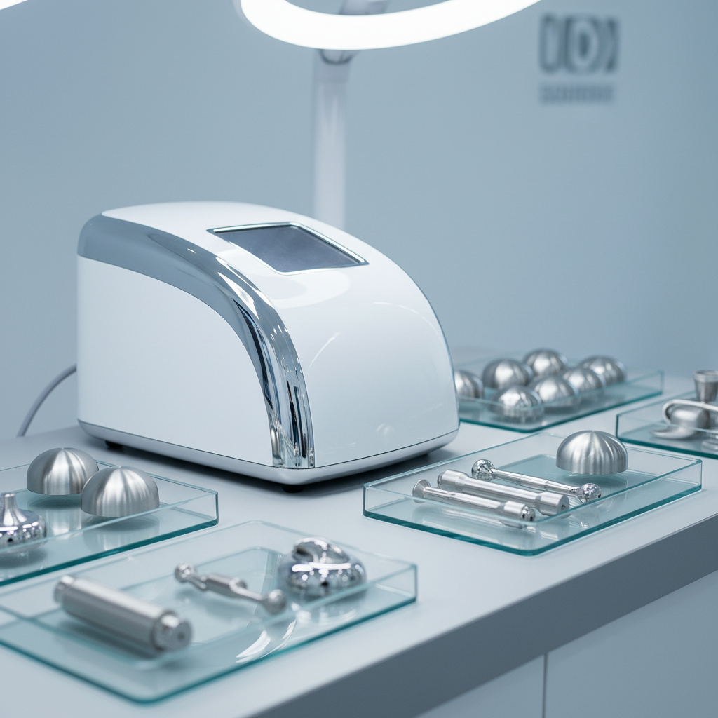 A close-up of a technologically advanced facial treatment device, its smooth, matte white casing accented with subtle chrome details, resting on a clinical, light grey workstation. The device is surrounded by neatly organized, transparent glass trays holding sterile, precision-fit attachments. Overhead, cool, soft studio lighting creates crisp reflections on the metal surfaces and a quiet elegance across the neutral environment. The composition uses the rule of thirds, focusing sharply on the device, while the workspace subtly fades into the background with a shallow depth of field. The image radiates a sense of innovation, professionalism, and meticulous care, in line with a clean corporate photographic style.